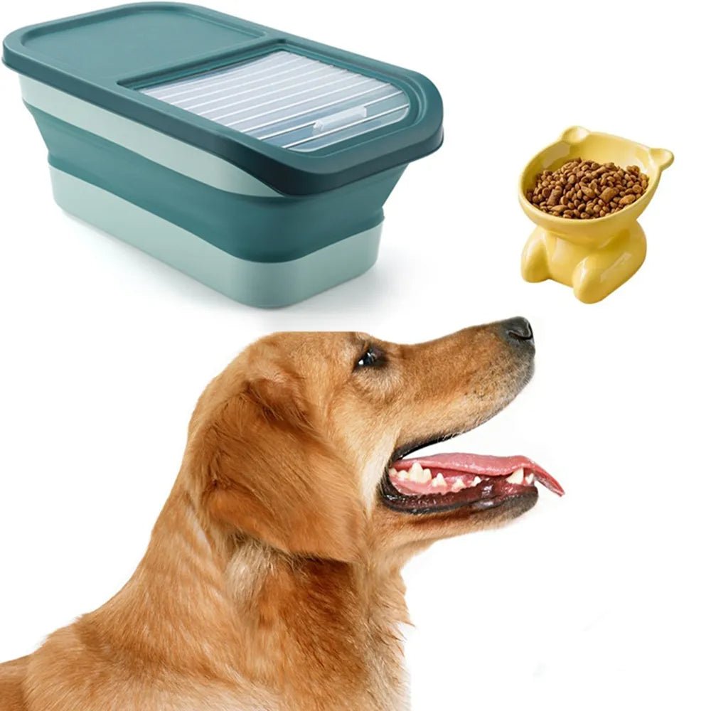 Recipiente dobrável para alimentos para animais de estimação com tampas, copo de medição e colher - Innovoda