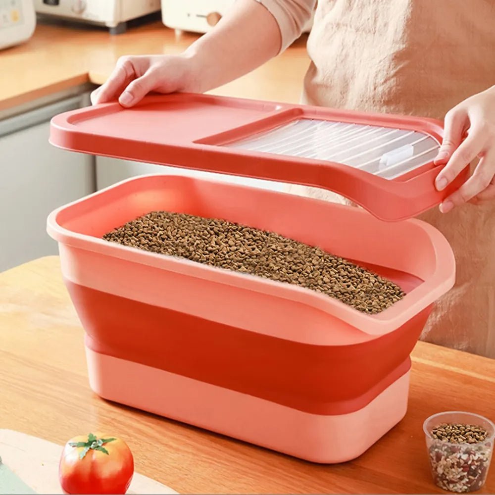 Recipiente dobrável para alimentos para animais de estimação com tampas, copo de medição e colher - Innovoda